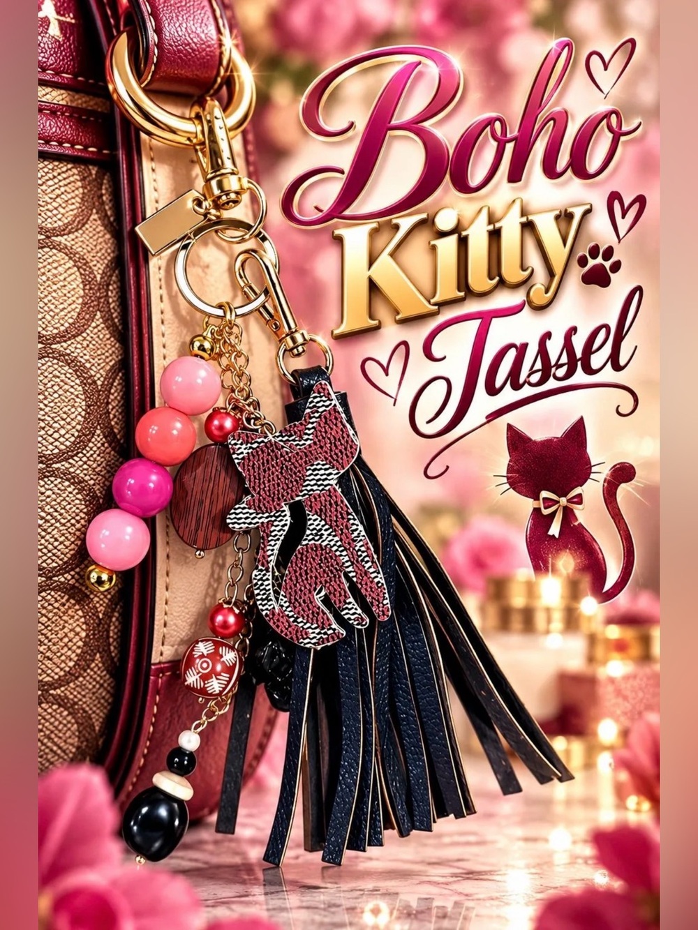 Hand Crafted Boho Kitty Tassel Key & Bag Charm